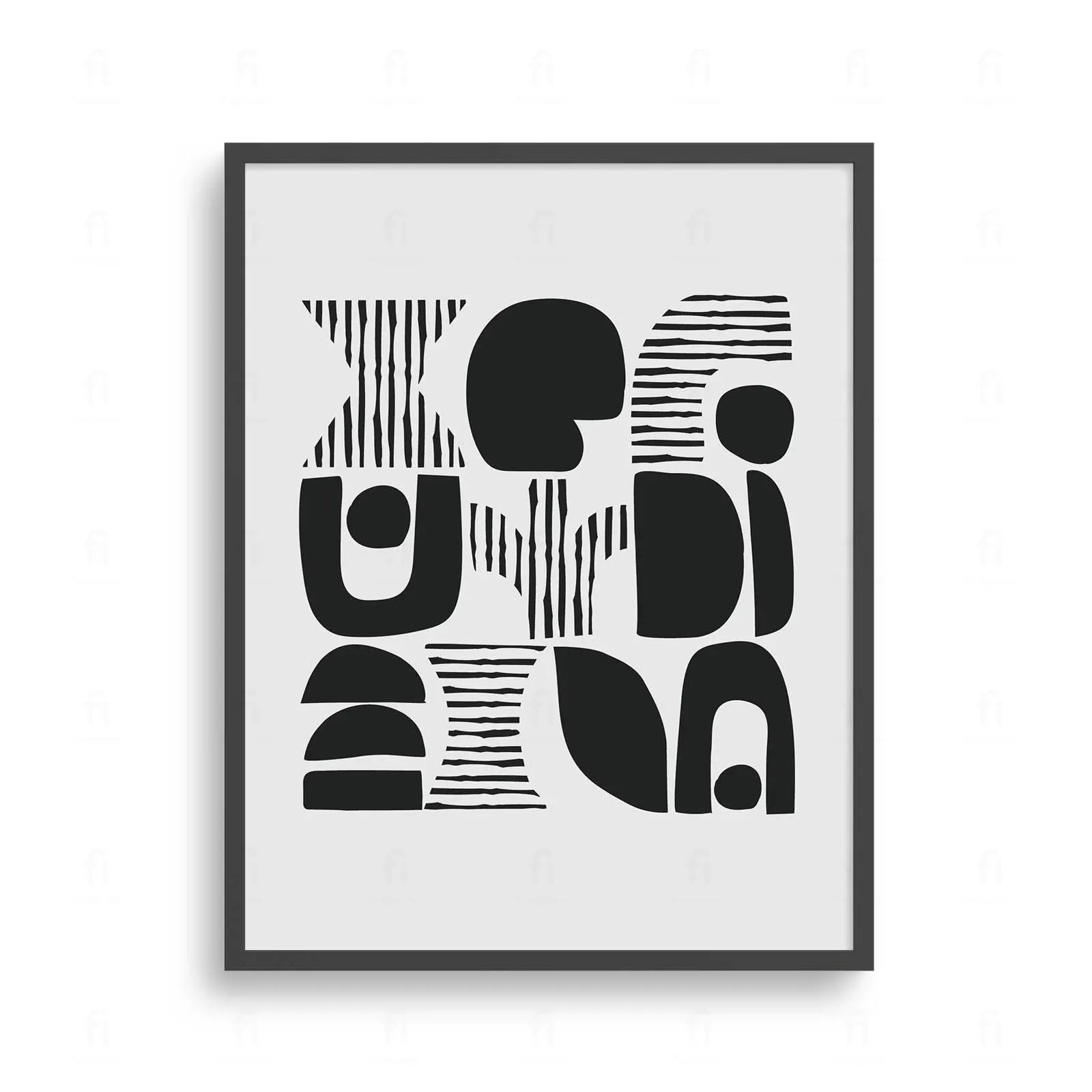 Plakat z czarno-białą, abstrakcyjną grafiką przedstawiającą kompozycję geometrycznych kształtów przypominającą totem.
