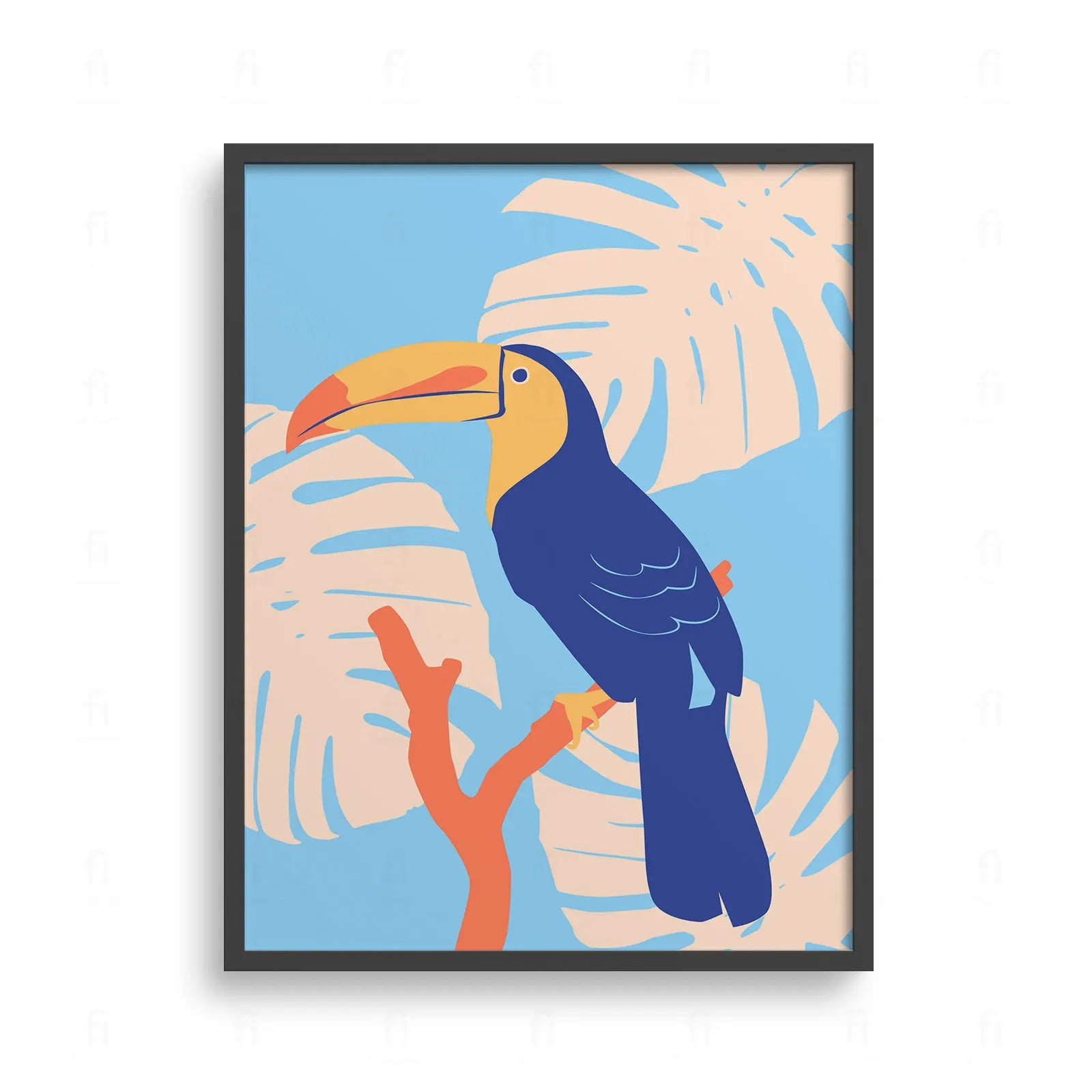 Plakat z artystyczną grafiką przedstawiającą kolorowego tukana z dużym, pomarańczowym dziobem, siedzącego na gałęzi.