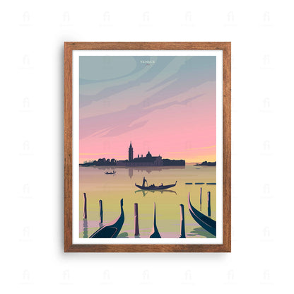 Plakat z romantyczną grafiką przedstawiającą gondolę na kanale w Wenecji