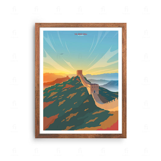Plakat z artystyczną grafiką przedstawiającą Wielki Mur Chiński wijący się po zielonych wzgórzach.
