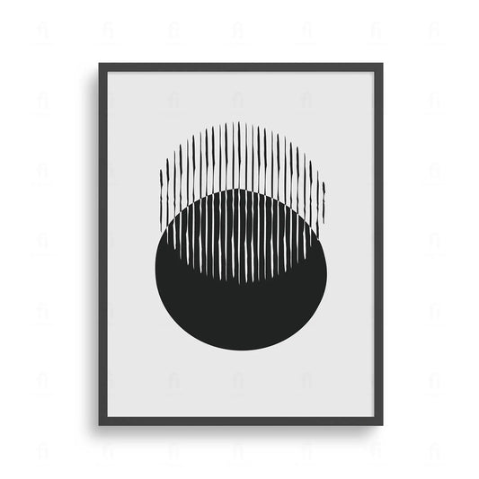 Plakat z czarno-białą, abstrakcyjną grafiką symbolizującą wschód słońca nad horyzontem.
