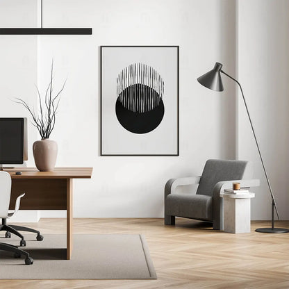 Plakat "Wschód Słońca" wiszący w minimalistycznym biurze