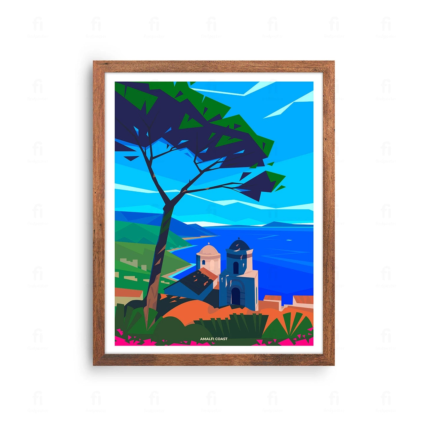 Plakat z artystyczną grafiką przedstawiającą malownicze Wybrzeże Amalfi we Włoszech.