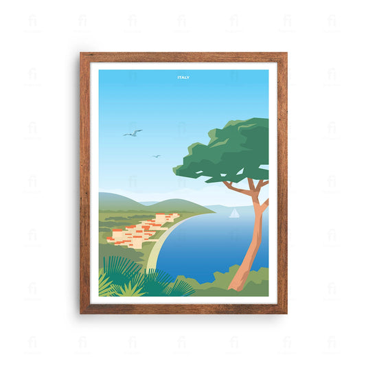 Plakat z artystyczną grafiką przedstawiającą malownicze włoskie wybrzeże z kolorowymi domkami na klifie.