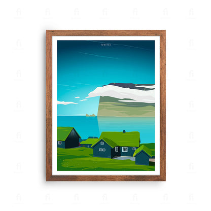 Plakat z artystyczną grafiką przedstawiającą dramatyczny krajobraz z klifami na Wyspach Owczych.
