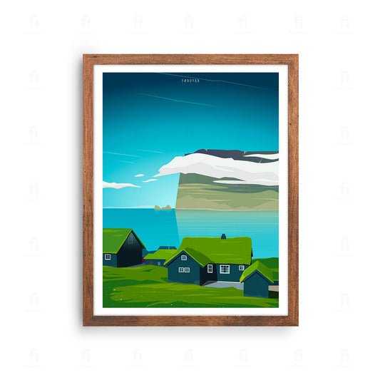 Plakat z artystyczną grafiką przedstawiającą dramatyczny krajobraz z klifami na Wyspach Owczych.
