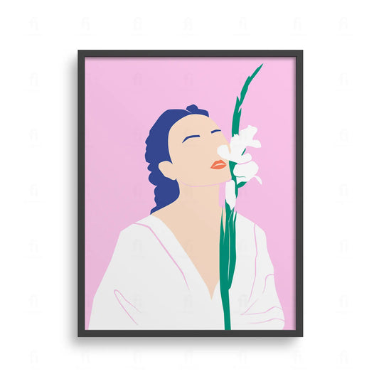 Plakat z minimalistyczną grafiką przedstawiającą profil kobiety wąchającej kwiat.