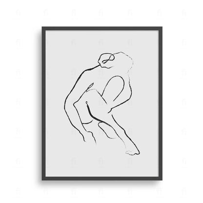 Plakat z czarno-białą grafiką line art przedstawiającą zarys kobiecej postaci / sylwetki.
