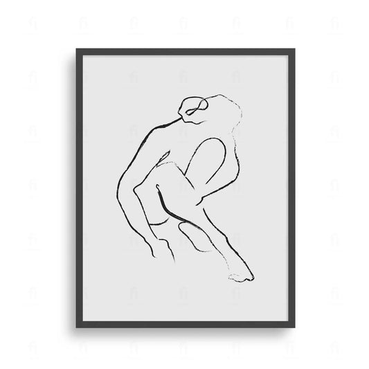 Plakat z czarno-białą grafiką line art przedstawiającą zarys kobiecej postaci / sylwetki.
