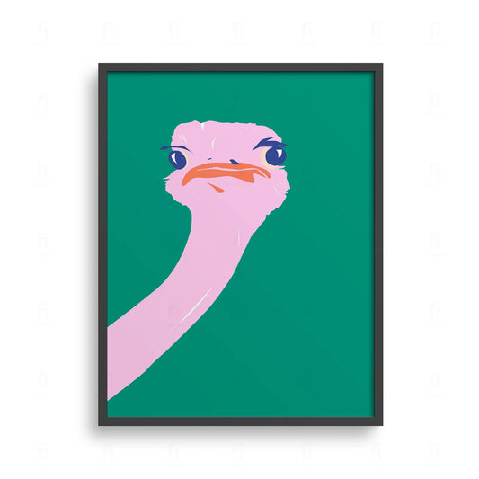 Plakat z zabawną, kolorową grafiką przedstawiającą różowego strusia z długą szyją i zdziwionym wyrazem pyska.