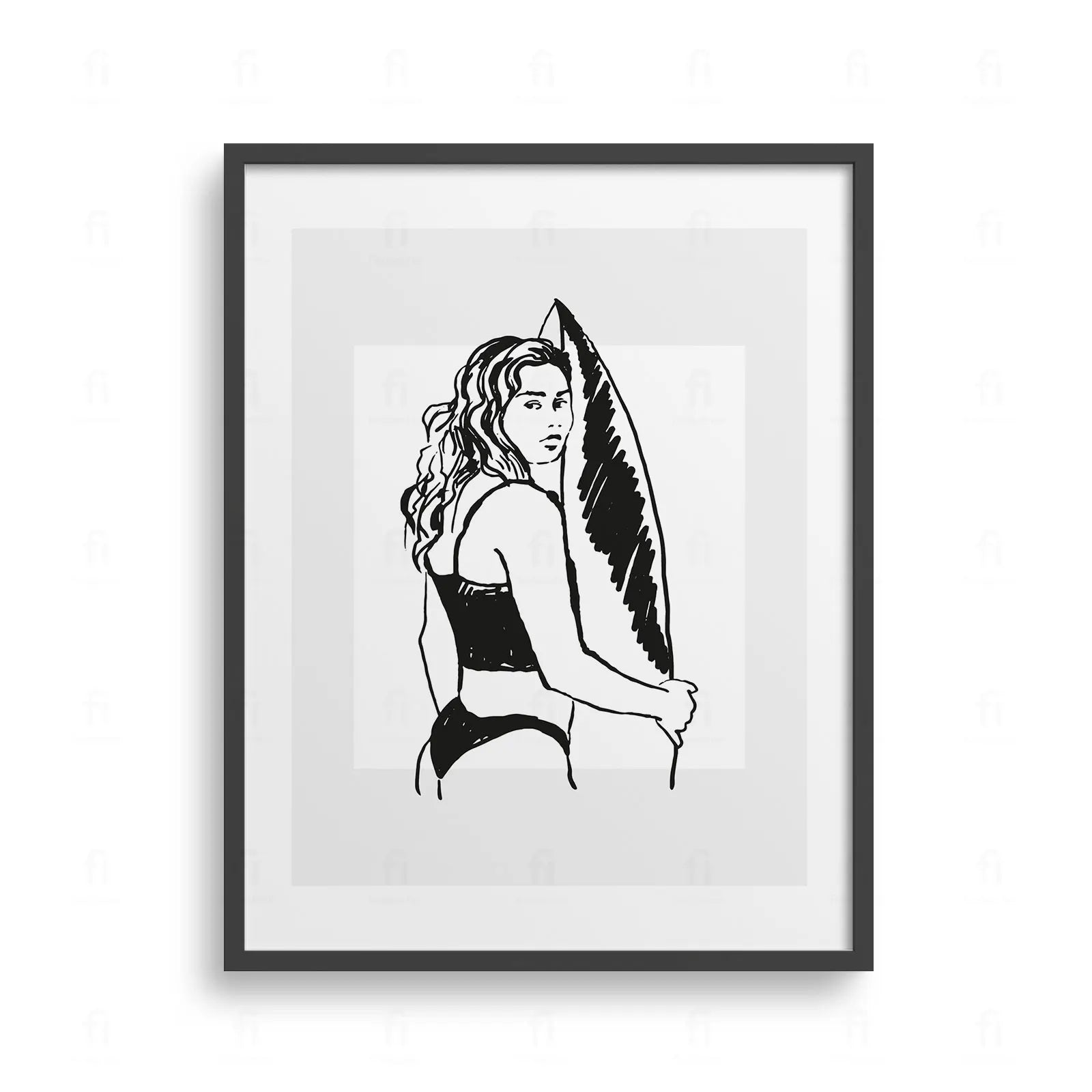 Plakat z grafiką przedstawiającą kobietę z deską surfingową na tle fal oceanu.
