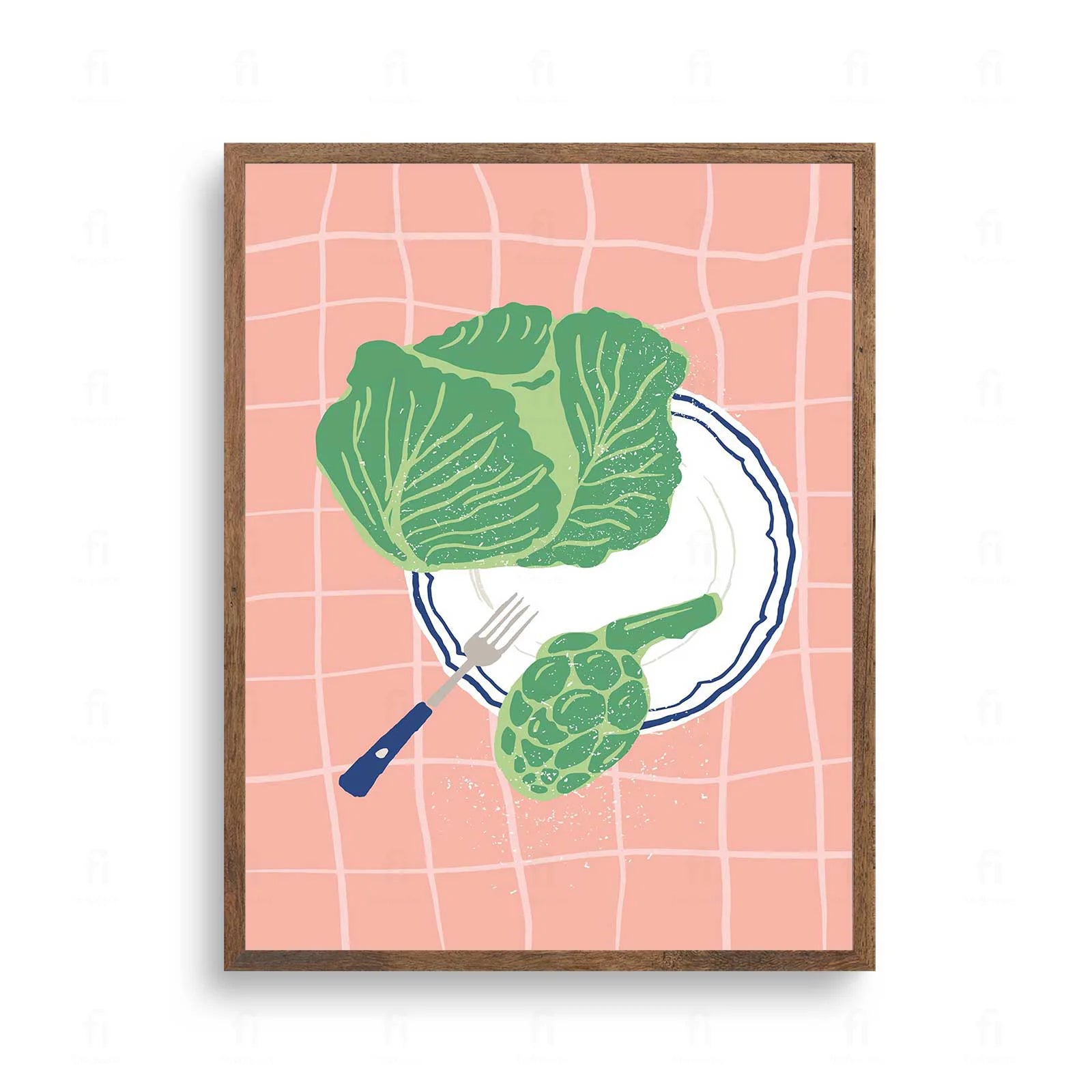 Plakat z minimalistyczną grafiką przedstawiającą główkę zielonej sałaty.
