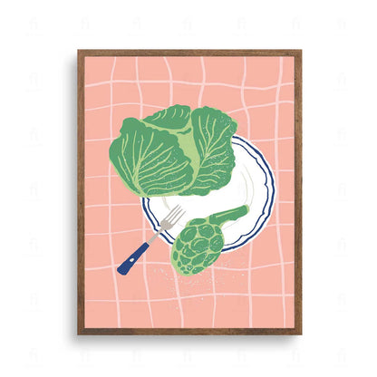 Plakat z minimalistyczną grafiką przedstawiającą główkę zielonej sałaty.
