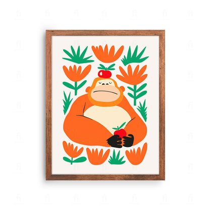 Plakat z artystyczną grafiką przedstawiającą sympatycznego goryla na tle roślin.
