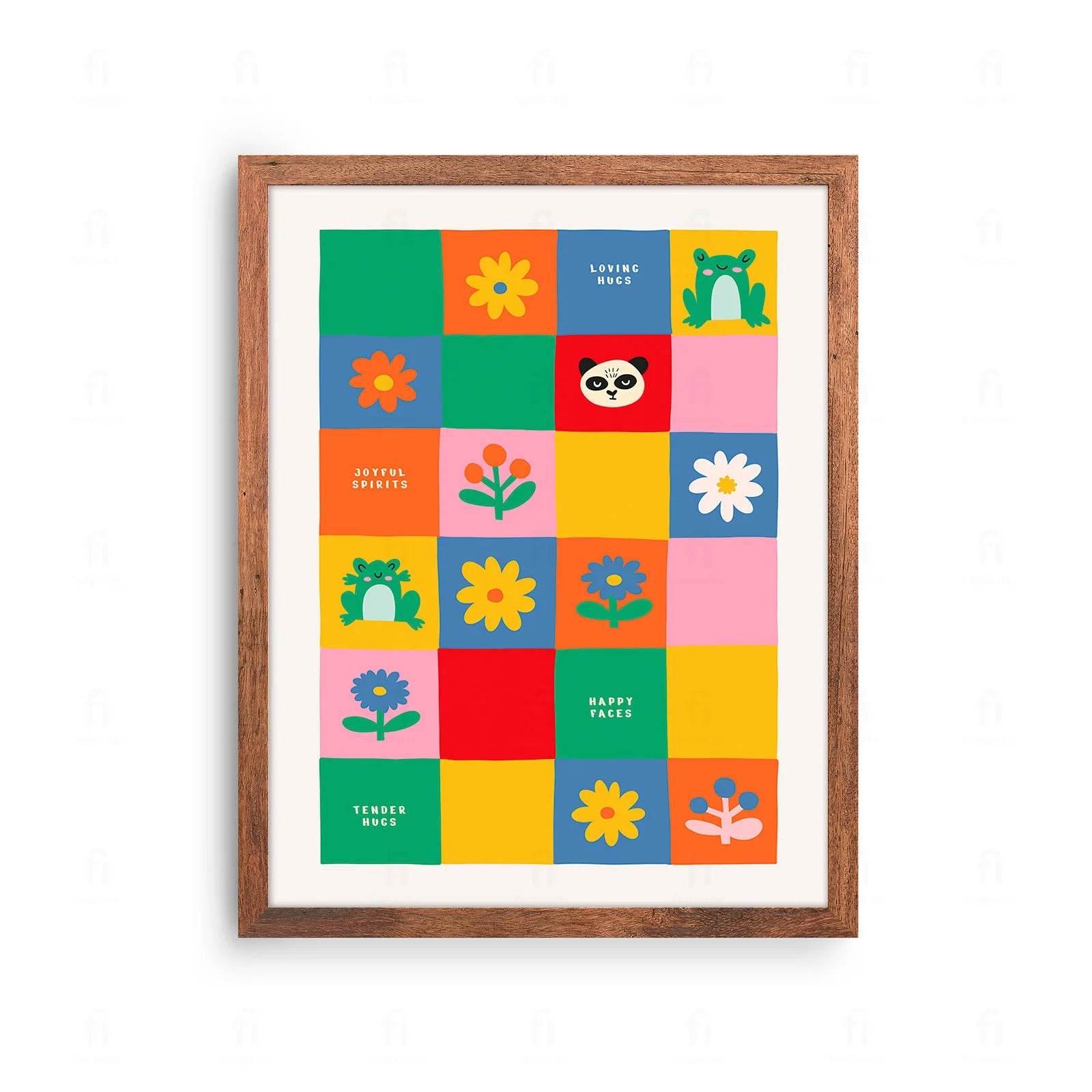 Plakat z edukacyjną grafiką przedstawiającą siatkę z różnymi kolorowymi kształtami, zwierzętami i wzorami.
