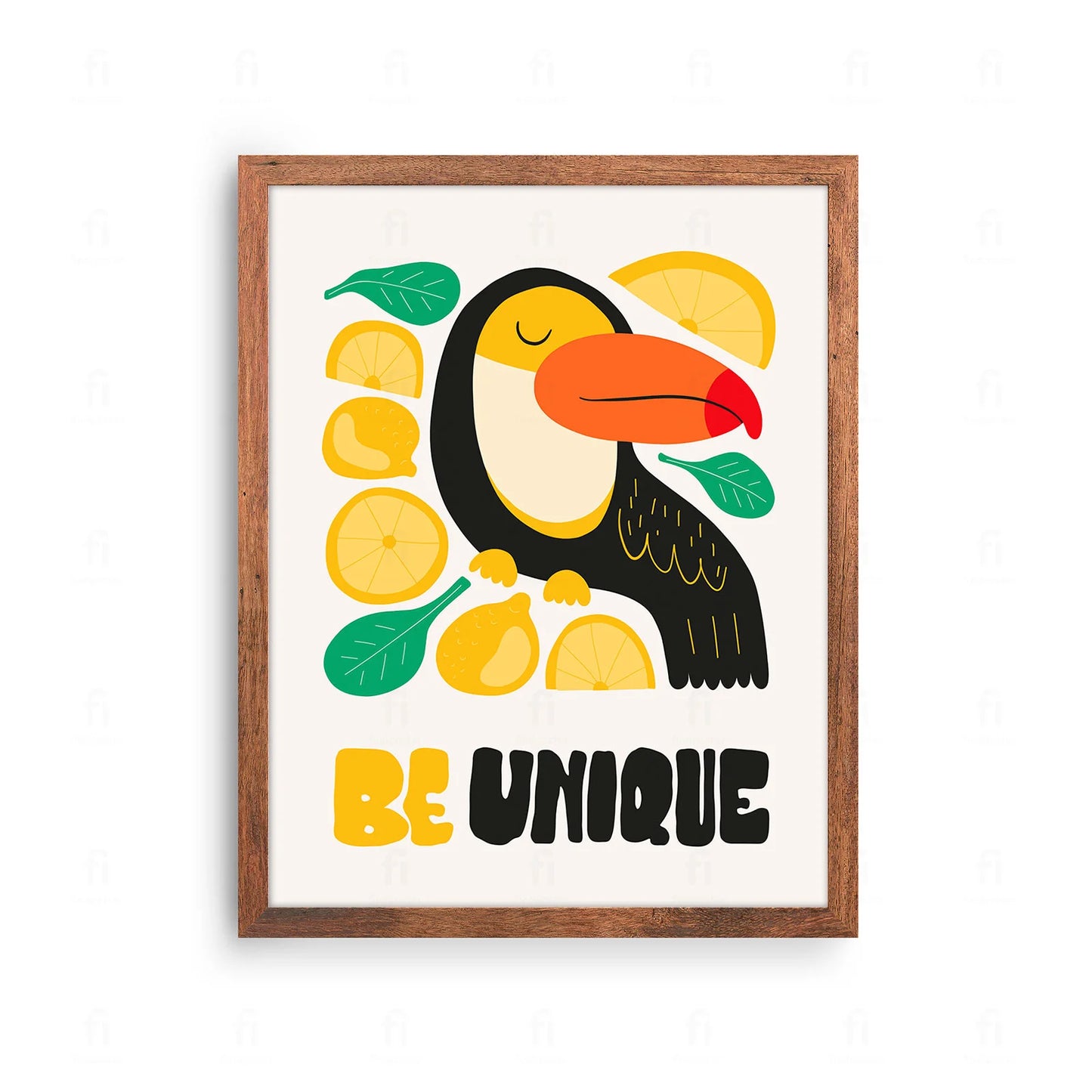 Plakat z kolorową grafiką i napisem "Be Unique" (Bądź Unikalny) przedstawiającą sympatyczne, bajkowe stworki.
