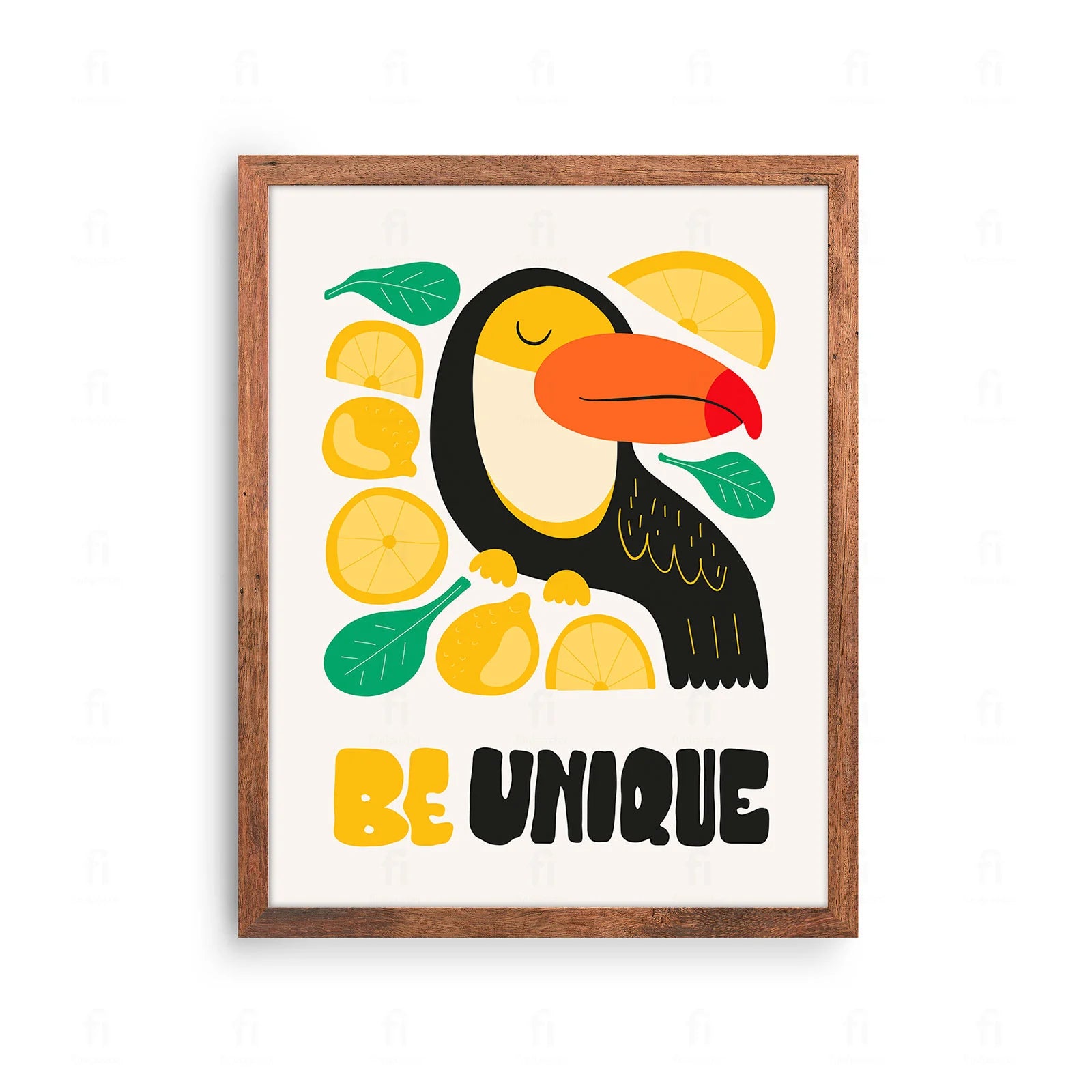 Plakat z kolorową grafiką i napisem "Be Unique" (Bądź Unikalny) przedstawiającą sympatyczne, bajkowe stworki.
