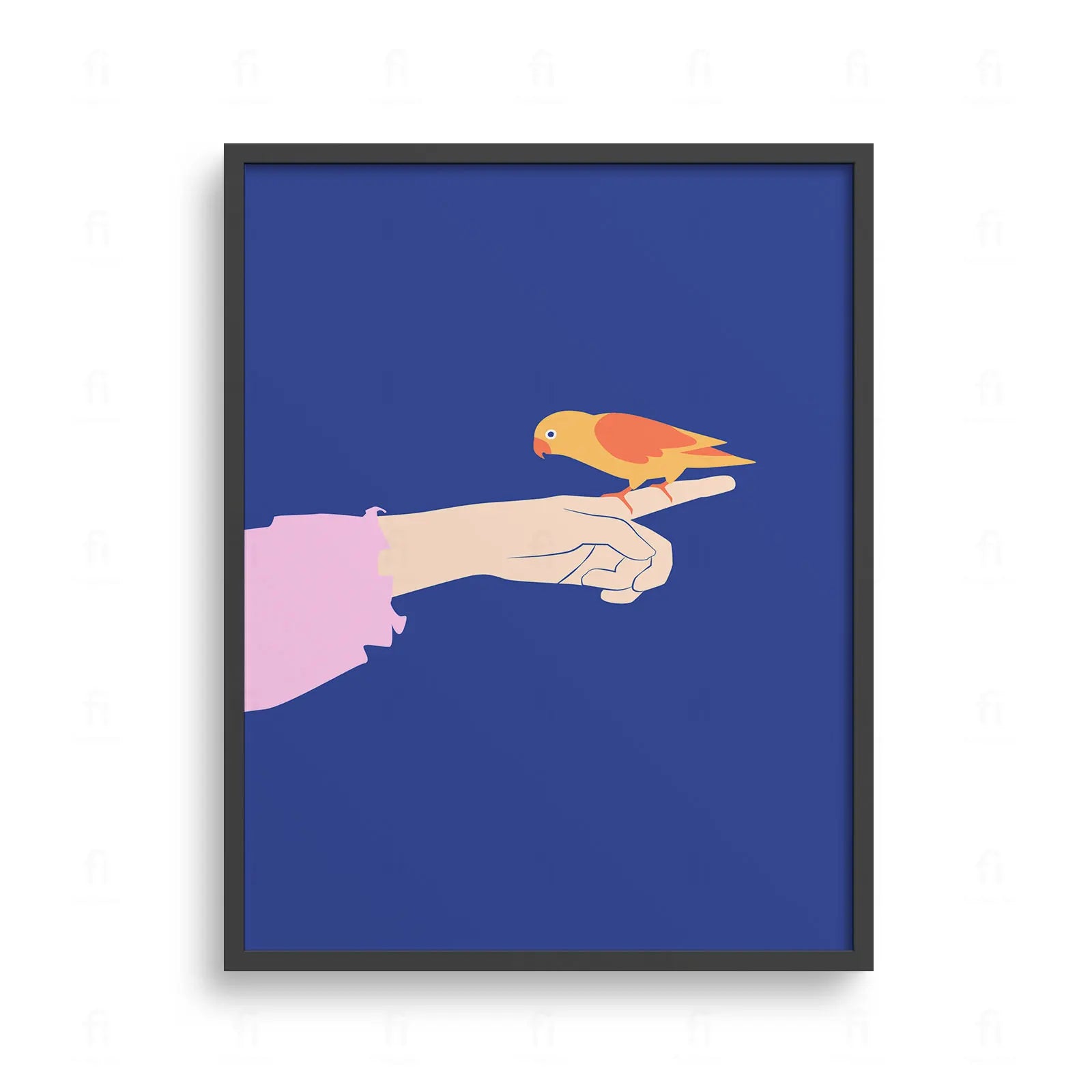 Plakat z minimalistyczną grafiką przedstawiającą małego, kolorowego ptaka siedzącego na ręce 