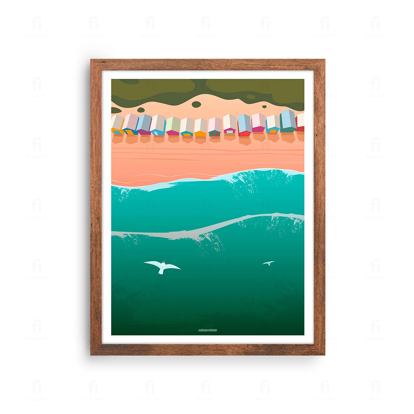 Plakat z artystyczną grafiką przedstawiającą kolorowe domki na plaży Brighton Beach w Melbourne, Australia