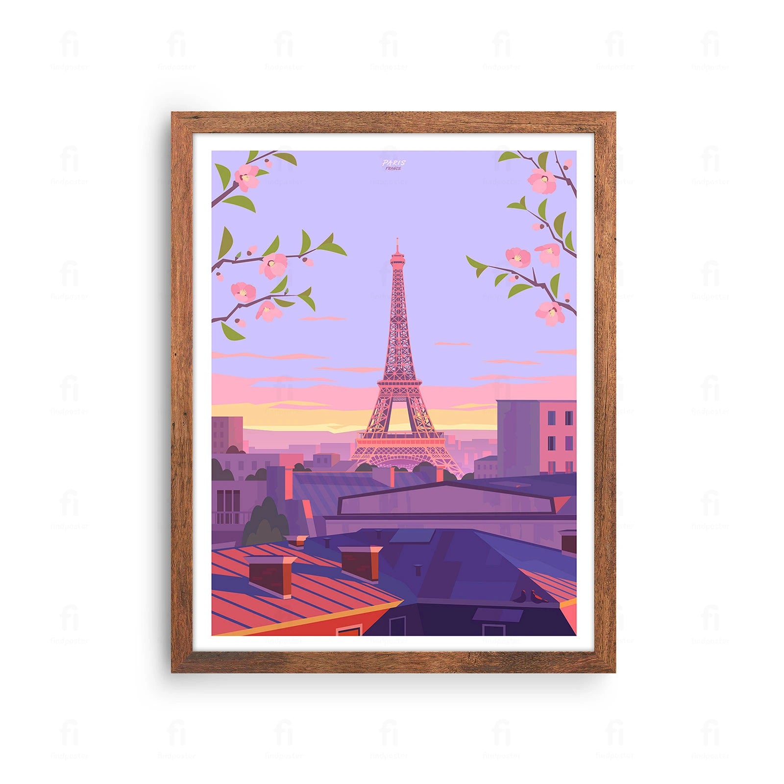 Plakat z romantyczną grafiką przedstawiającą Wieżę Eiffla w Paryżu.
