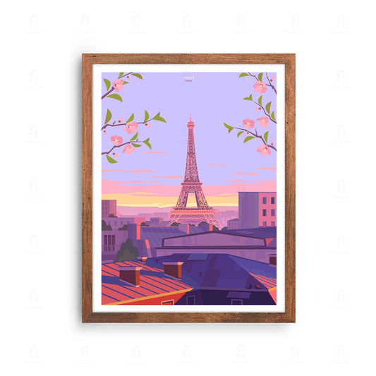 Plakat z romantyczną grafiką przedstawiającą Wieżę Eiffla w Paryżu.
