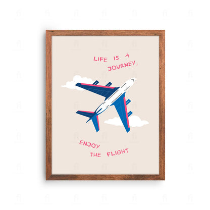 Plakat z inspirującą grafiką przedstawiającą samolot lecący nad mapą świata i napisem "Życie to podróż".