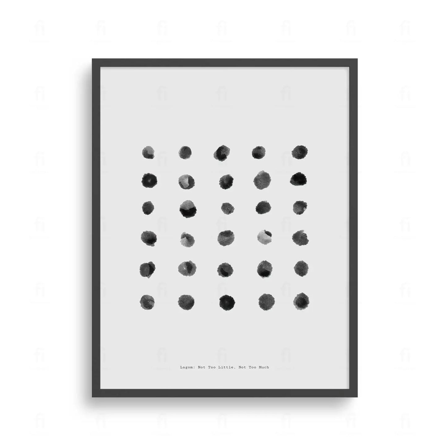 Plakat z minimalistyczną, czarno-białą grafiką z kompozycją kropek w stylu skandynawskim.
