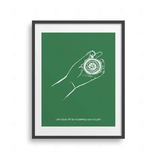 Plakat z inspirującą grafiką przedstawiającą kompas i napis "Żyj z Kompasem".
