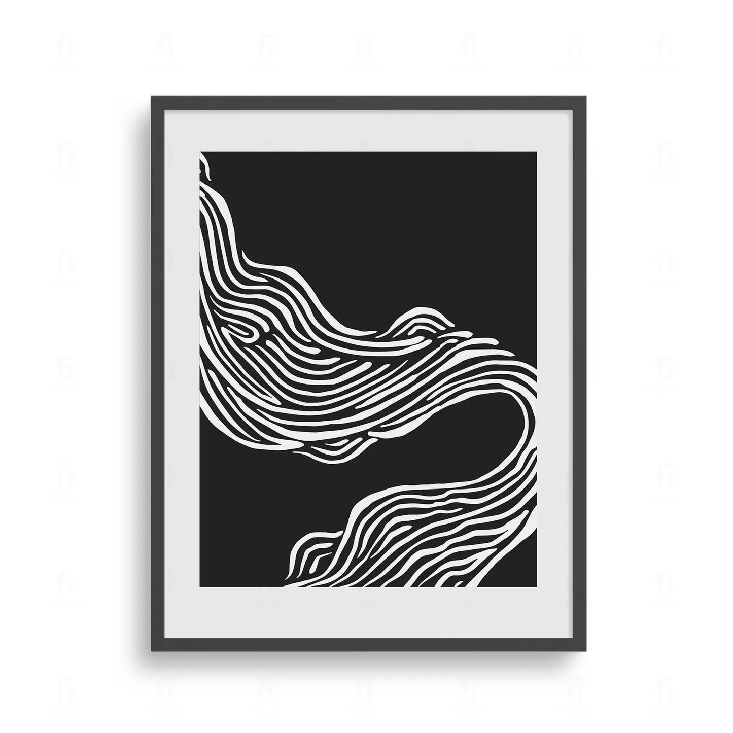 Plakat z czarno-białą, abstrakcyjną grafiką przedstawiającą dynamiczne, płynne, falujące linie.