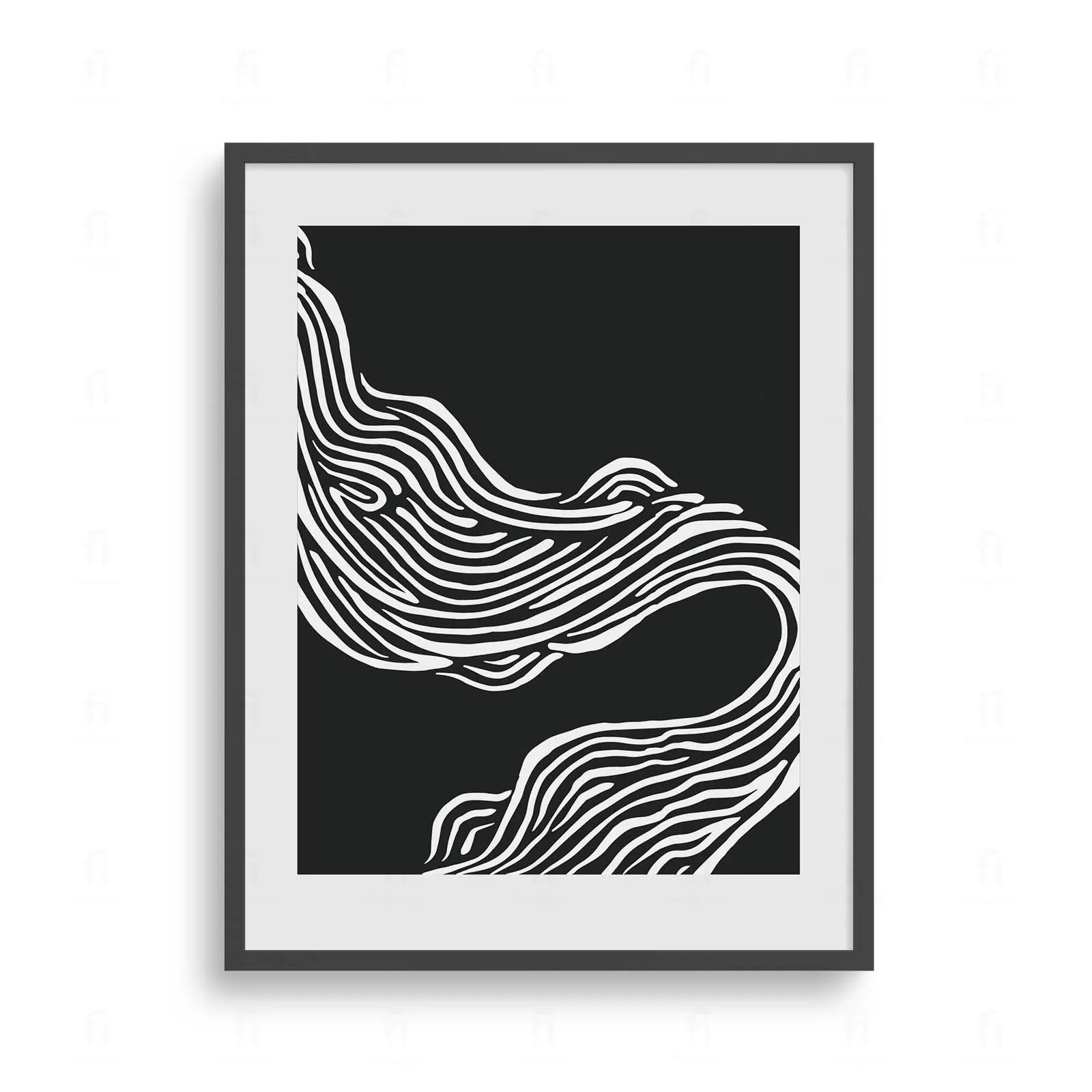 Plakat z czarno-białą, abstrakcyjną grafiką przedstawiającą dynamiczne, płynne, falujące linie.