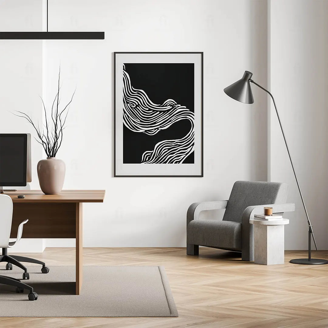 Plakat abstrakcyjny z liniami wiszący w nowoczesnym biurze.
