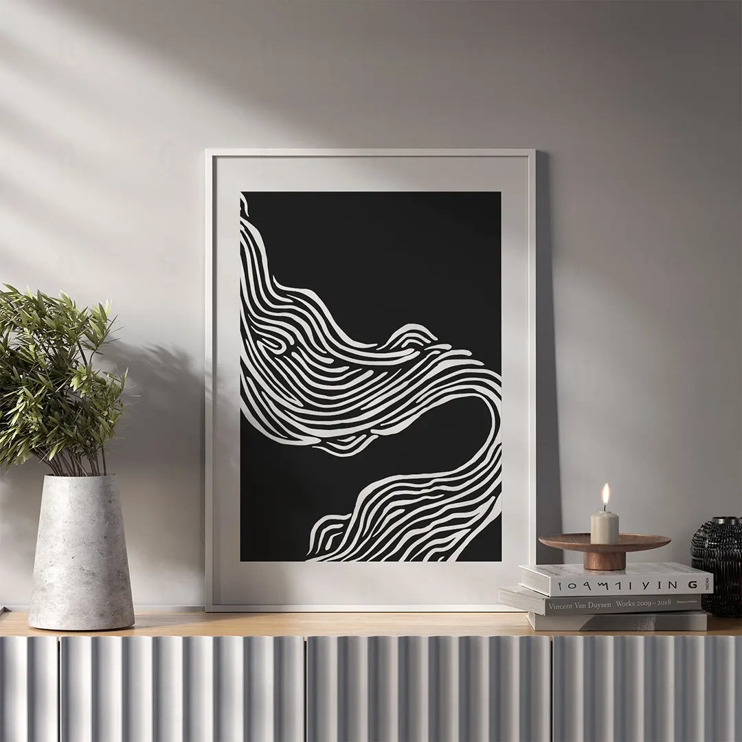 Plakat abstrakcyjny z liniami wiszący w nowoczesnym salonie