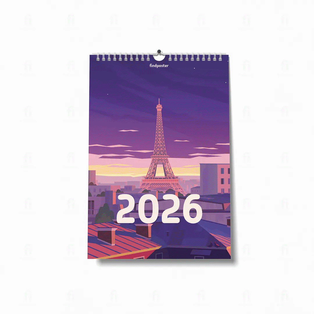 Kalendarz ścienny podróżniczy na rok 2026 z dwunastoma ilustracjami przedstawiającymi różne miejsca na świecie.
