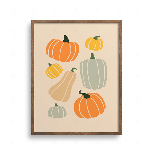 Minimalistyczna grafika przedstawiająca kolekcję siedmiu dyń różnych kształtów i kolorów (pomarańczowy, żółty, szarozielony, beżowy).