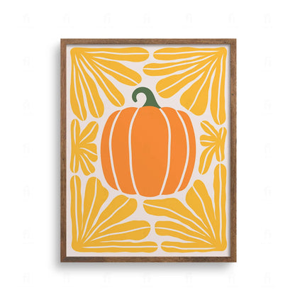 Graficzna ilustracja dużej, pomarańczowej dyni otoczonej ramką ze stylizowanych, żółtych liści.