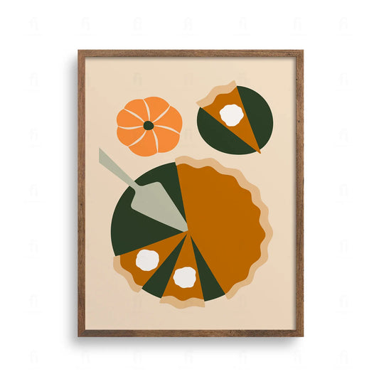 Graficzna kompozycja przedstawiająca krojony placek dyniowy, kawałki ciasta ze śmietanką i małą dynię.