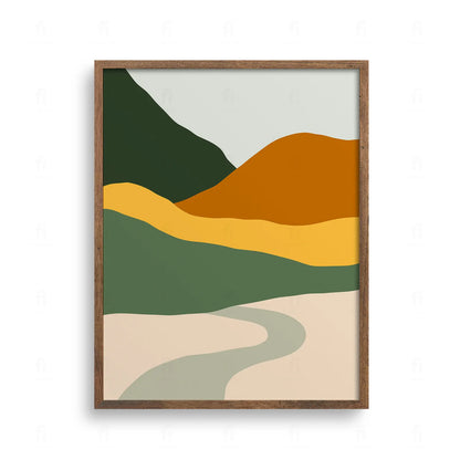 Minimalistyczna grafika przedstawiająca abstrakcyjny pejzaż z warstwami wzgórz w kolorach zieleni i ochry oraz wijącą się na pierwszym planie drogą.