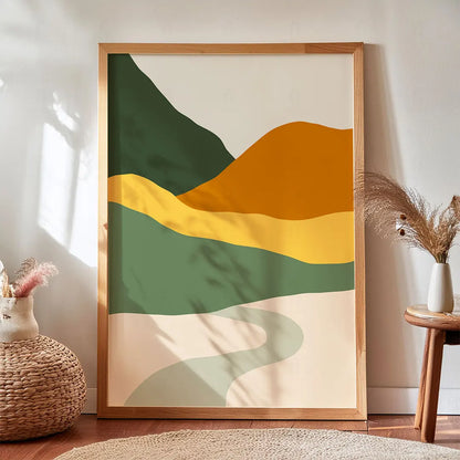 Plakat z abstrakcyjnym pejzażem wiszący w salonie-boho