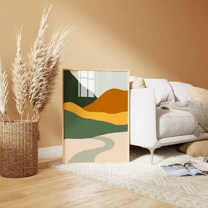 Plakat z abstrakcyjnym pejzażem wiszący w nowoczesnym salonie