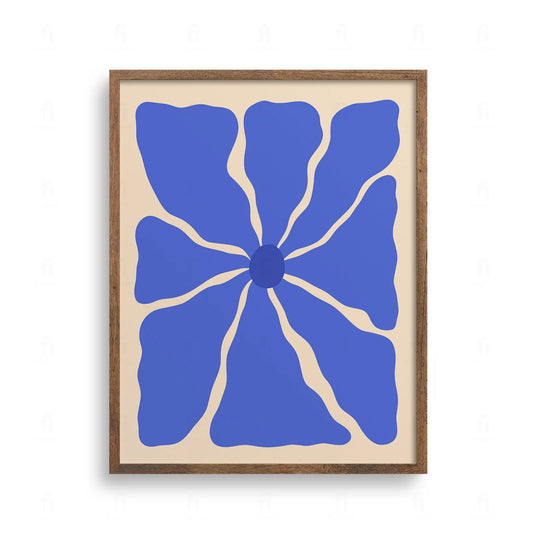 Minimalistyczna grafika przedstawiająca duży, stylizowany kwiat z ośmioma falującymi płatkami w kolorze nasyconego błękitu.