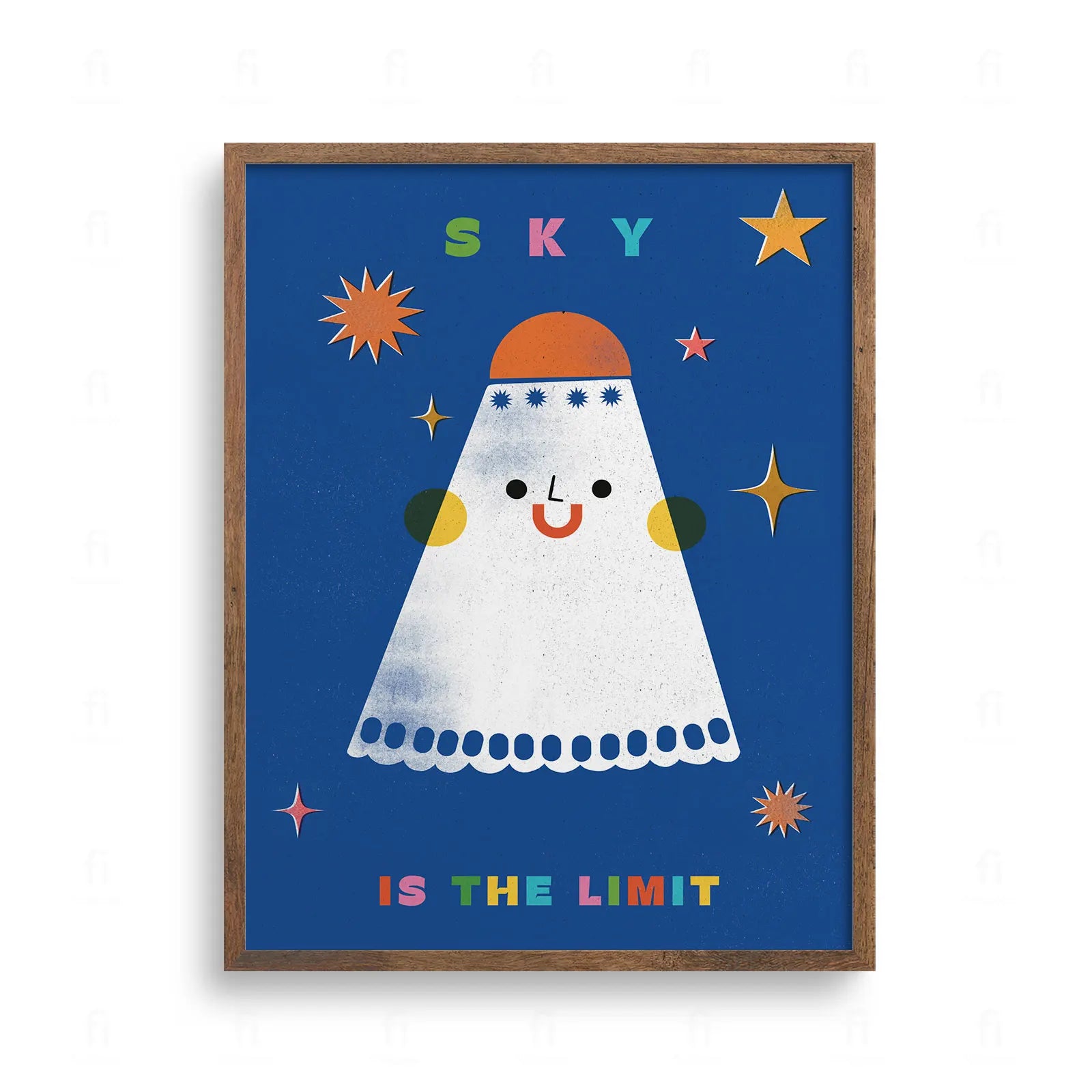 Motywacyjny plakat dla dzieci Sky is the Limit, ilustracja białej postacii przypominającej lotkę na niebieskim tle z gwiazdami.