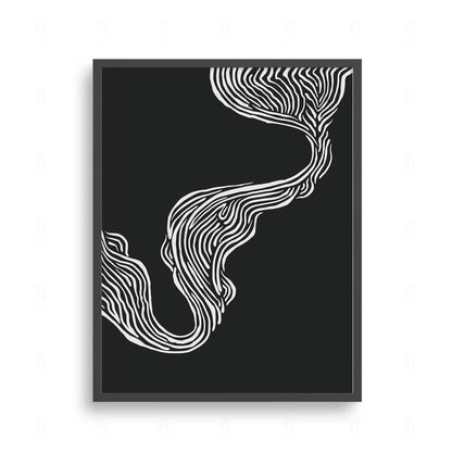Plakat z czarno-białą, abstrakcyjną grafiką przedstawiającą dynamiczne, płynne, falujące linie.