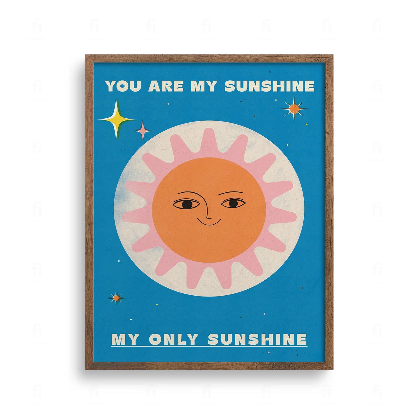 Plakat z napisem You are my sunshine, ilustracja słońca z twarzą na niebieskim tle, styl vintage do pokoju dziecka.