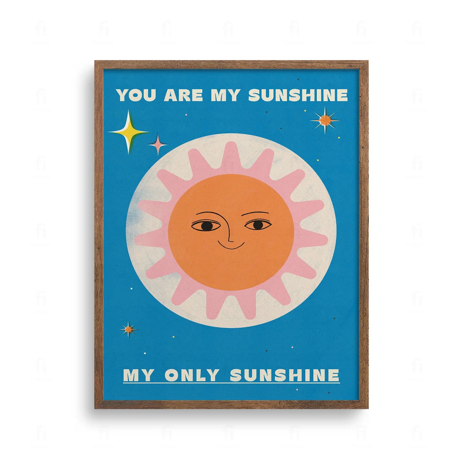 Plakat z napisem You are my sunshine, ilustracja słońca z twarzą na niebieskim tle, styl vintage do pokoju dziecka.