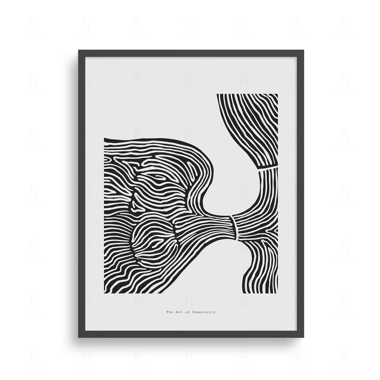 Plakat z czarno-białą, abstrakcyjną grafiką wykonaną techniką line art, przedstawiającą płynne kształty.
