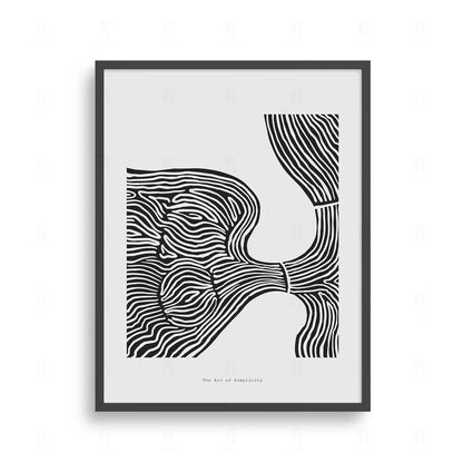 Plakat z czarno-białą, abstrakcyjną grafiką wykonaną techniką line art, przedstawiającą płynne kształty.
