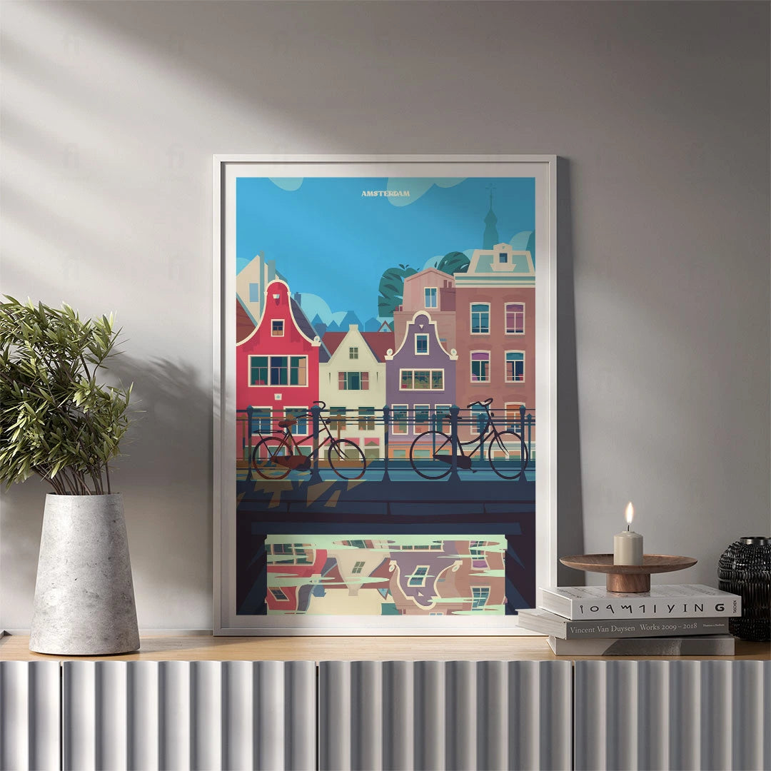 Plakat artystyczny Amsterdam – malownicze kamienice i kanał w centrum miasta