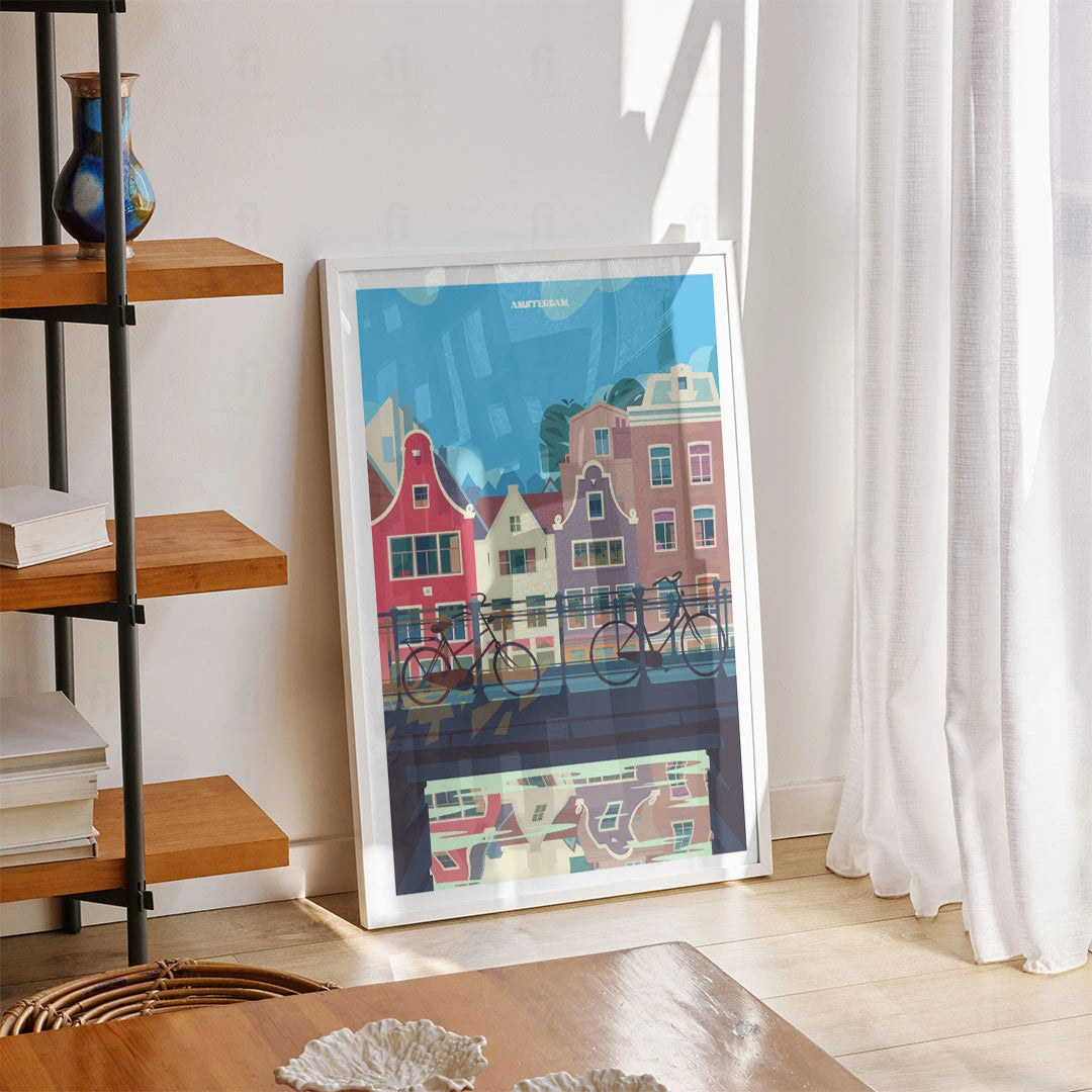 Grafika ścienna z motywem Amsterdamu – rząd kamienic na wodzie