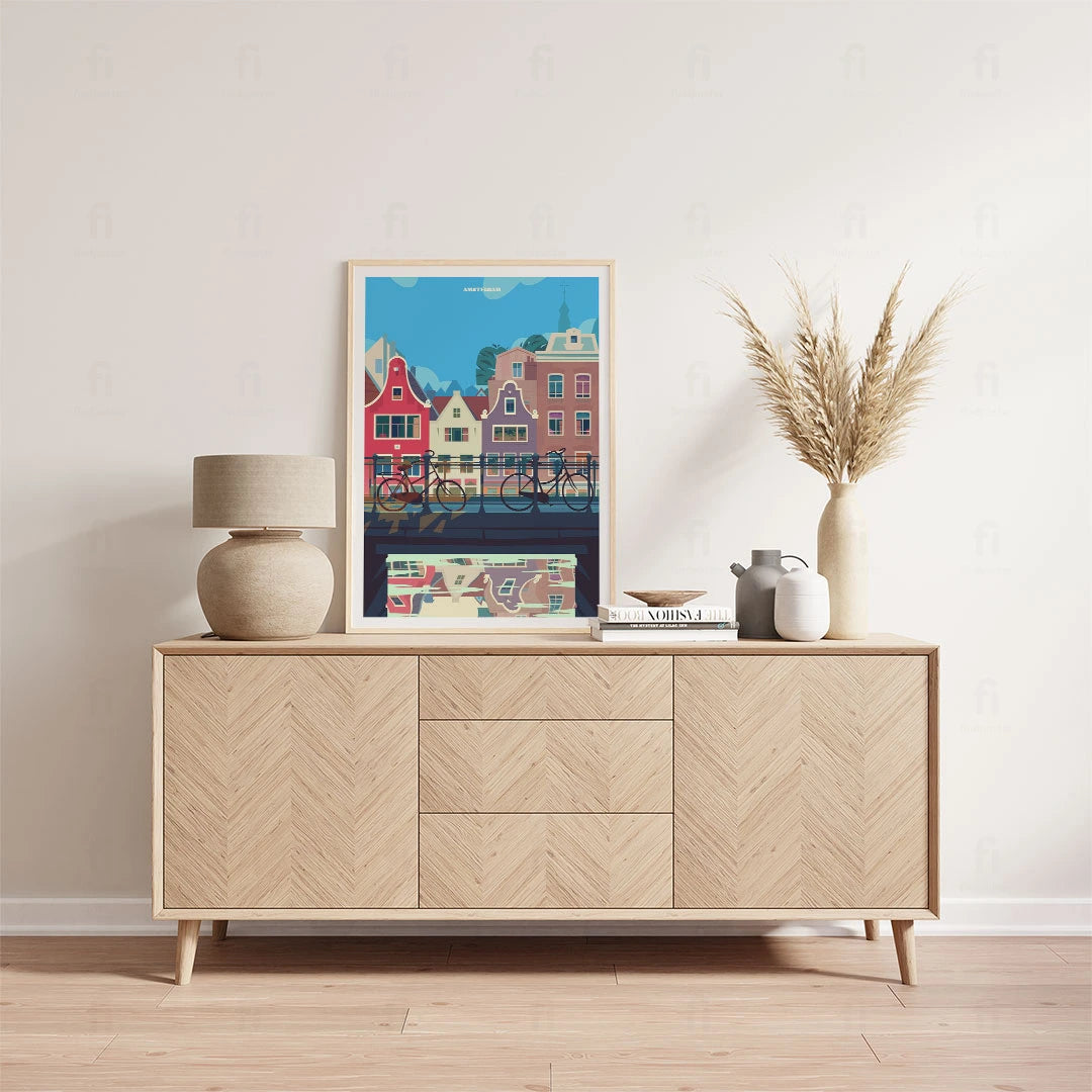 Plakat Amsterdam – widok na charakterystyczne fasady i mostek nad wodą