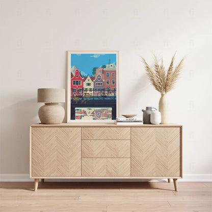 Plakat Amsterdam – widok na charakterystyczne fasady i mostek nad wodą